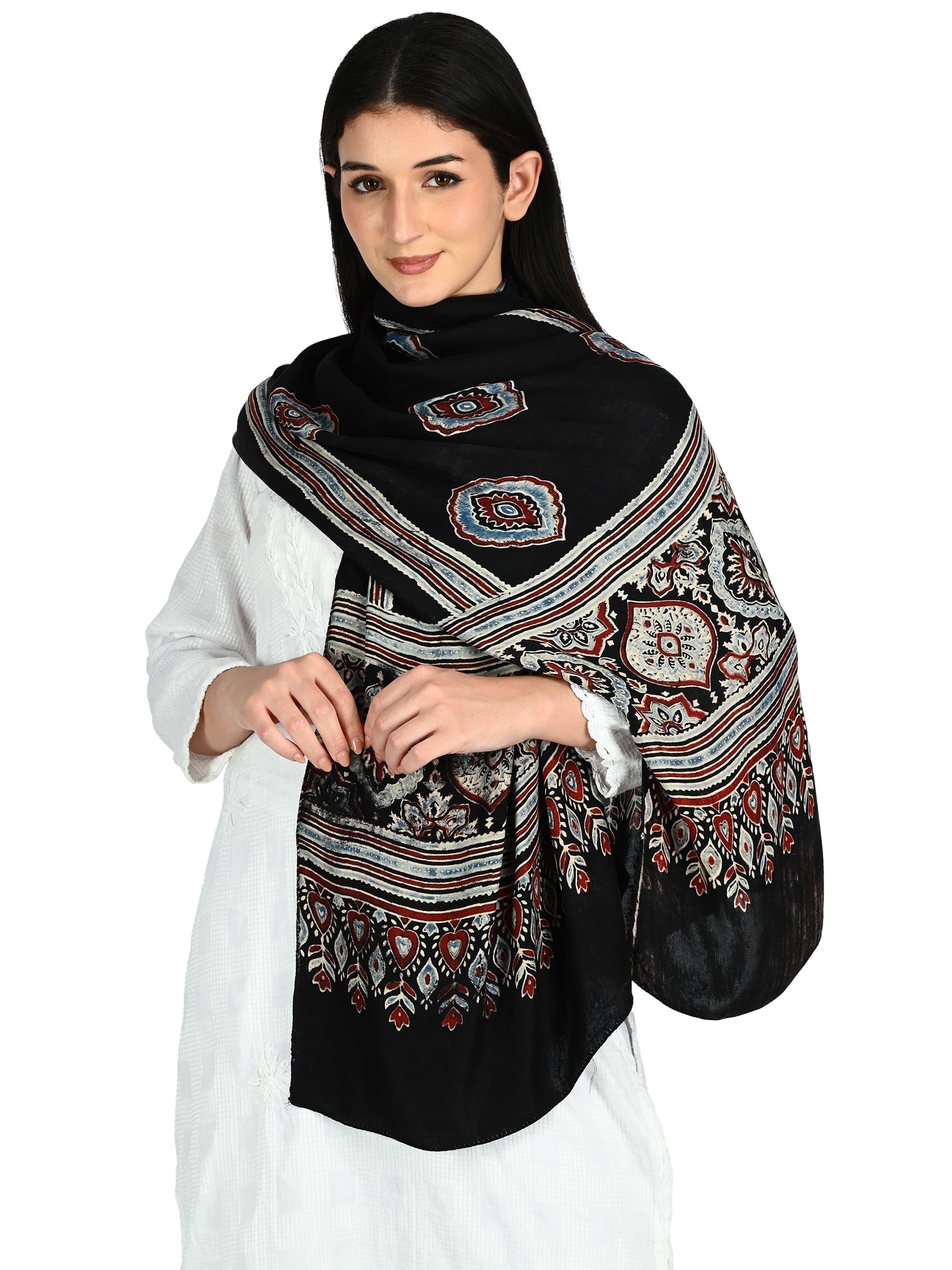 Black Ajrakh Embroidered Dupatta