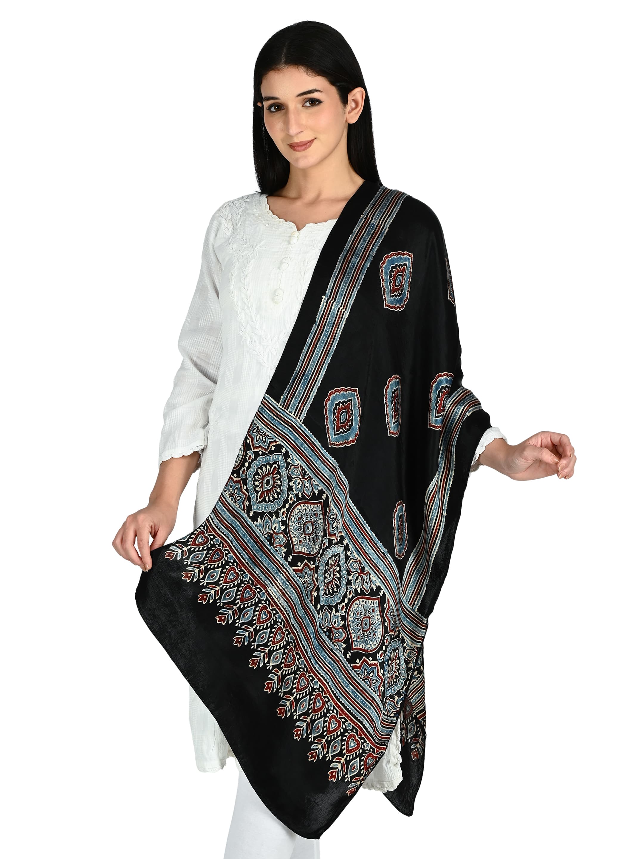 Black Ajrakh Embroidered Dupatta 5