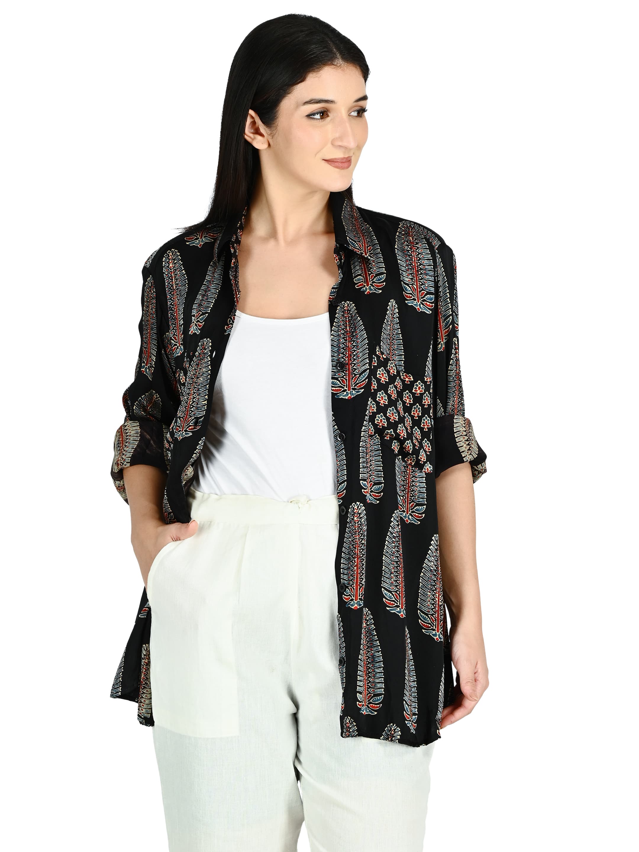 Black Leaf Print Shrug Jacket