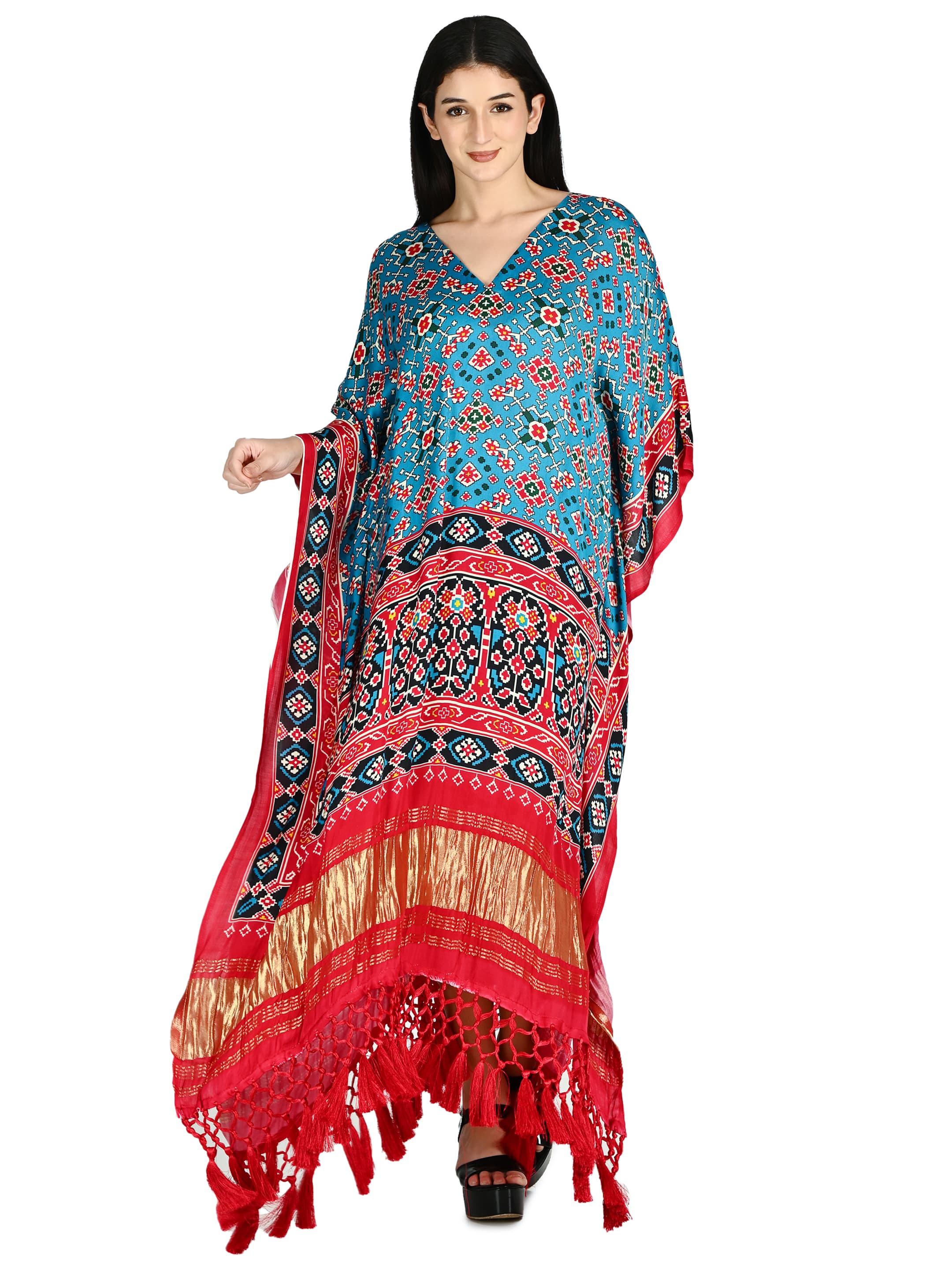 Teal Patola Fringe Kaftan