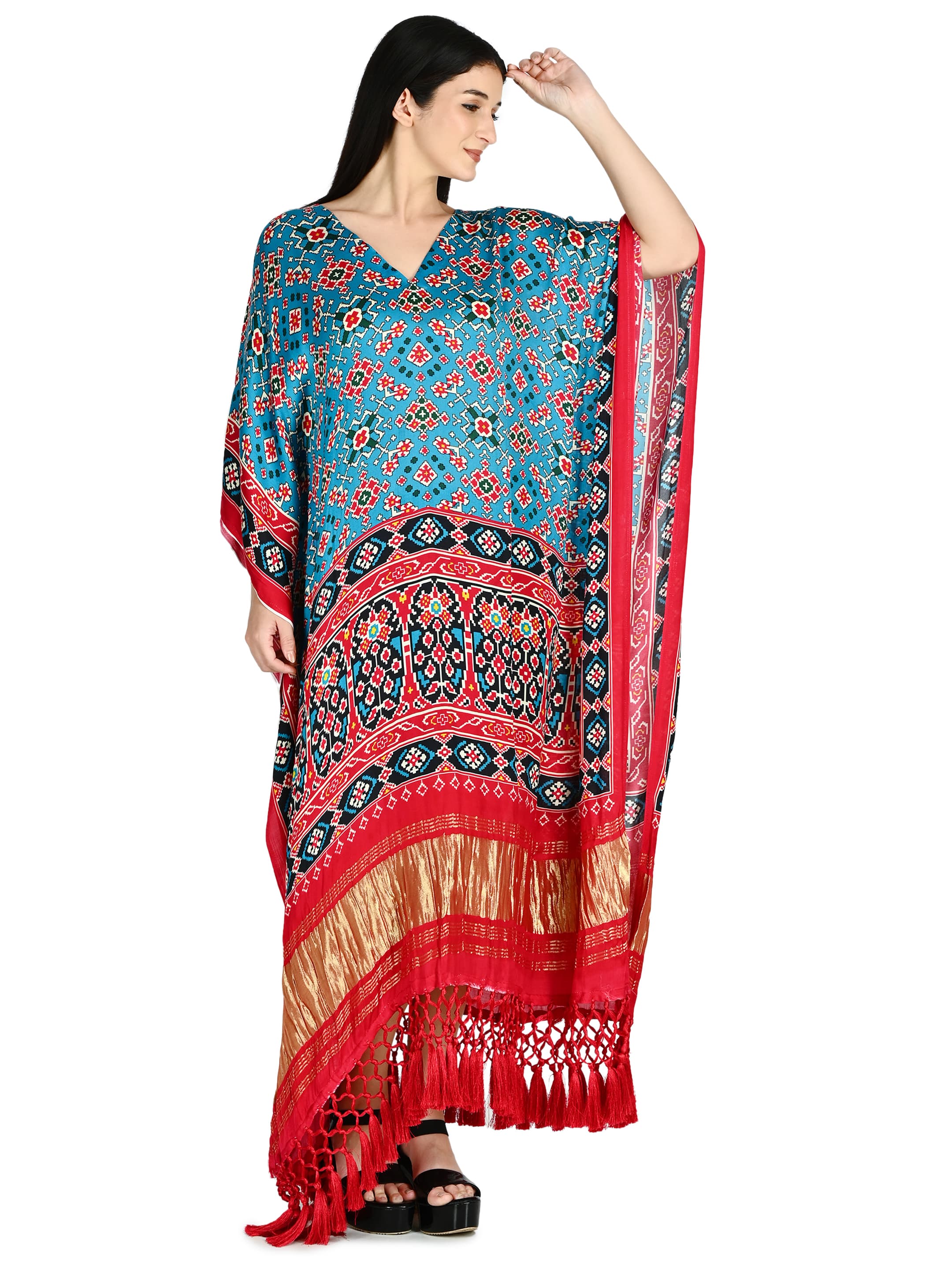 Teal Patola Fringe Kaftan 3