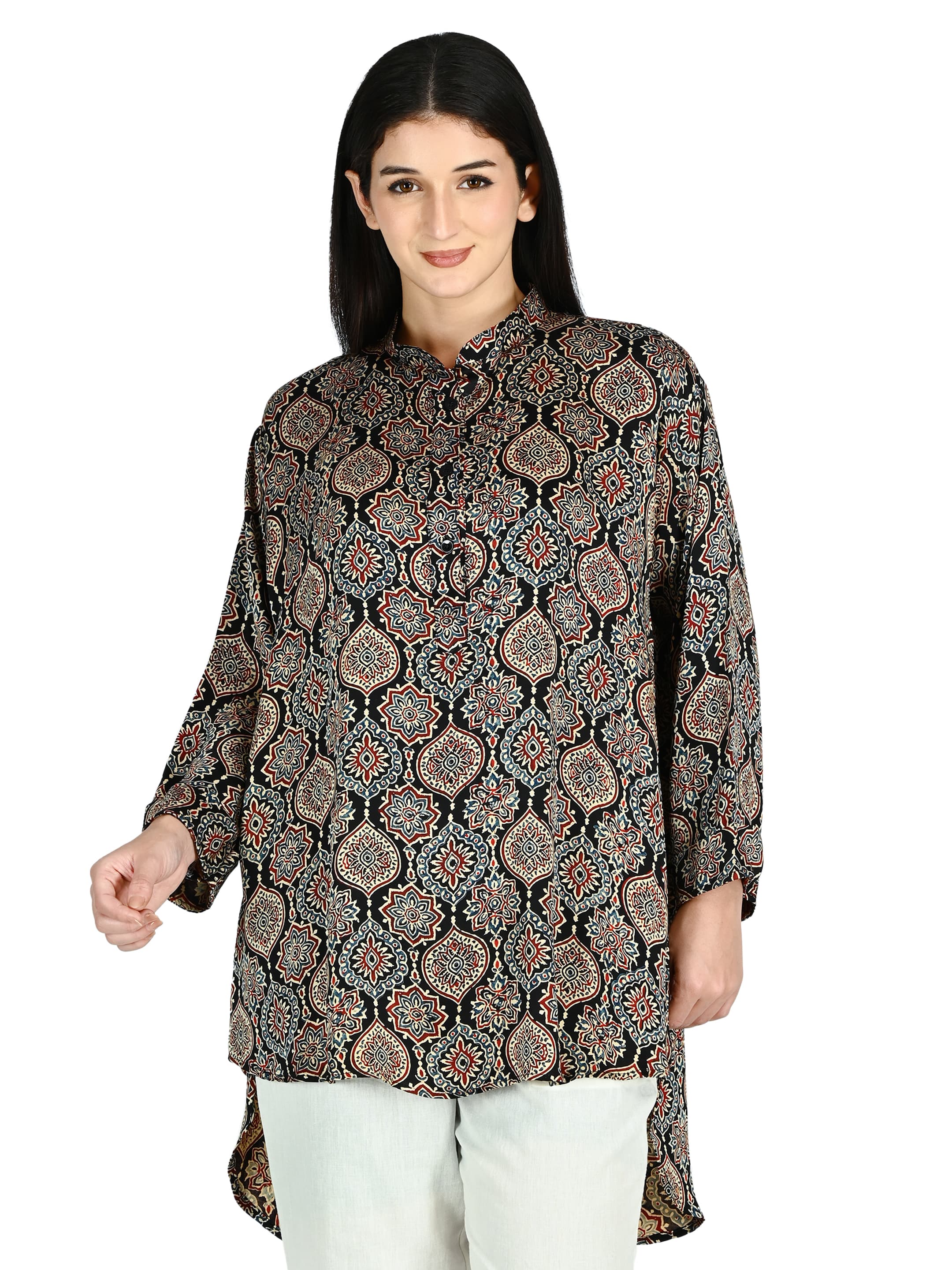 Black Ajrakh Mandarin Tunic