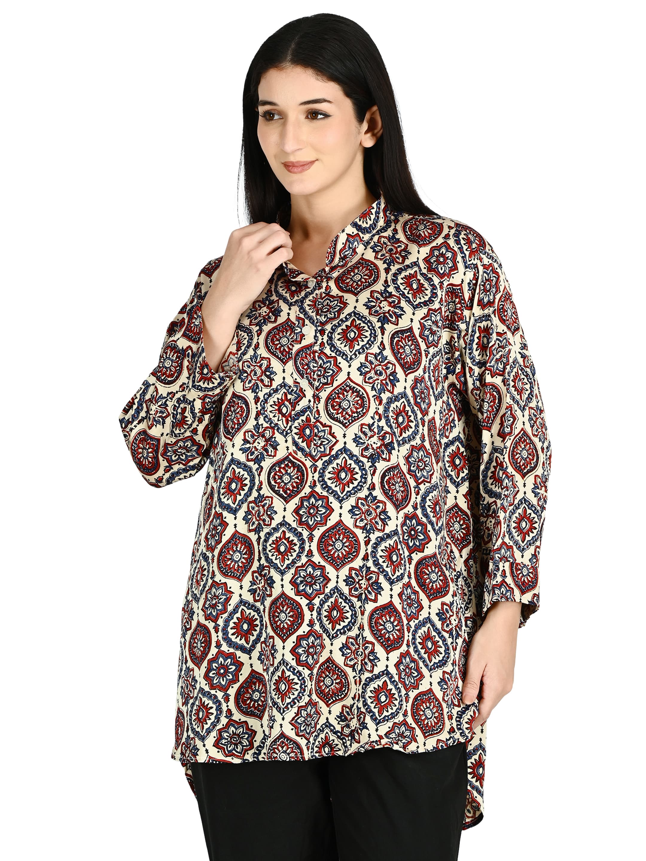 Cream & Red Ajrakh Mandarin Tunic
