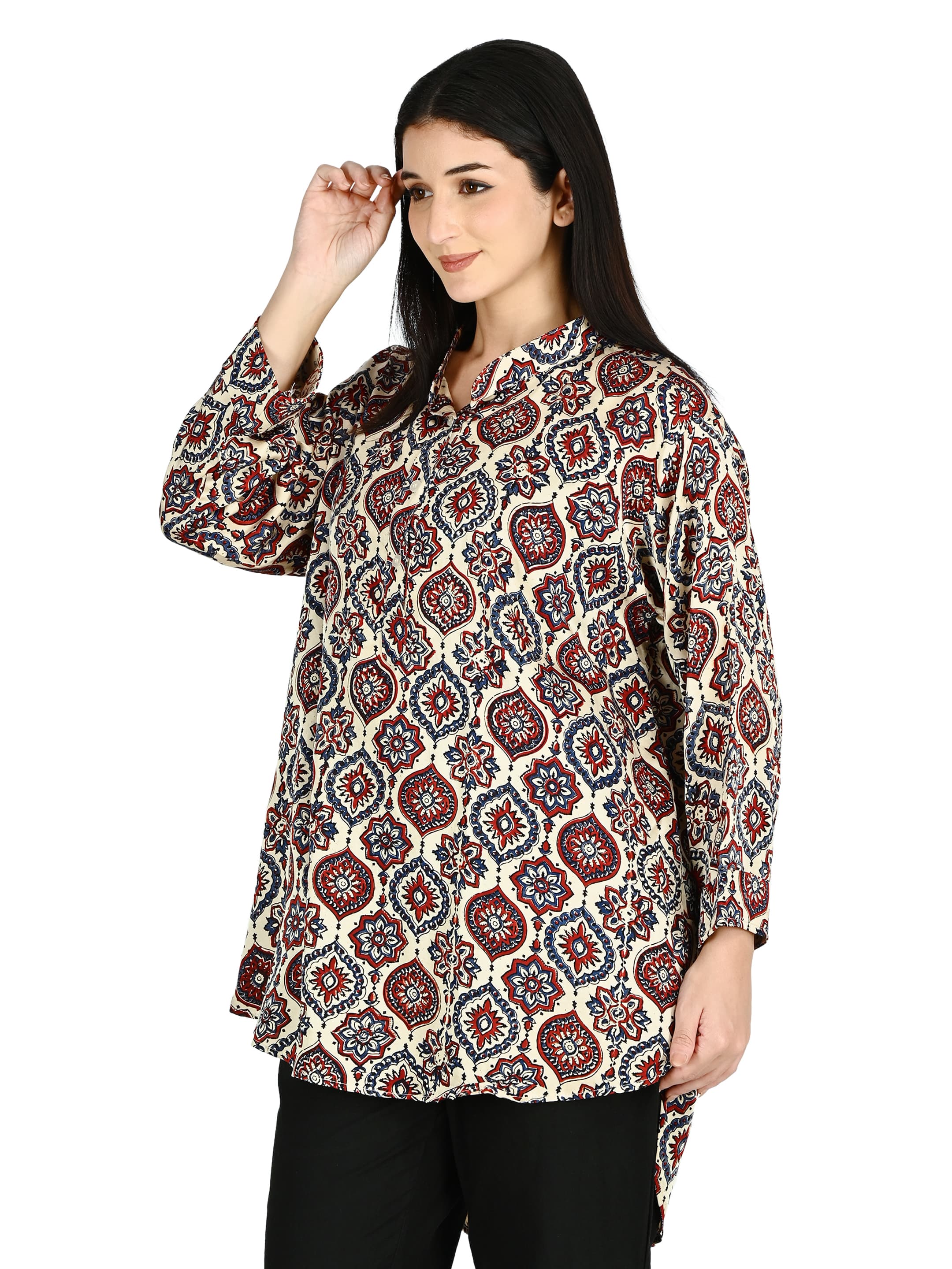 Cream & Red Ajrakh Mandarin Tunic 2