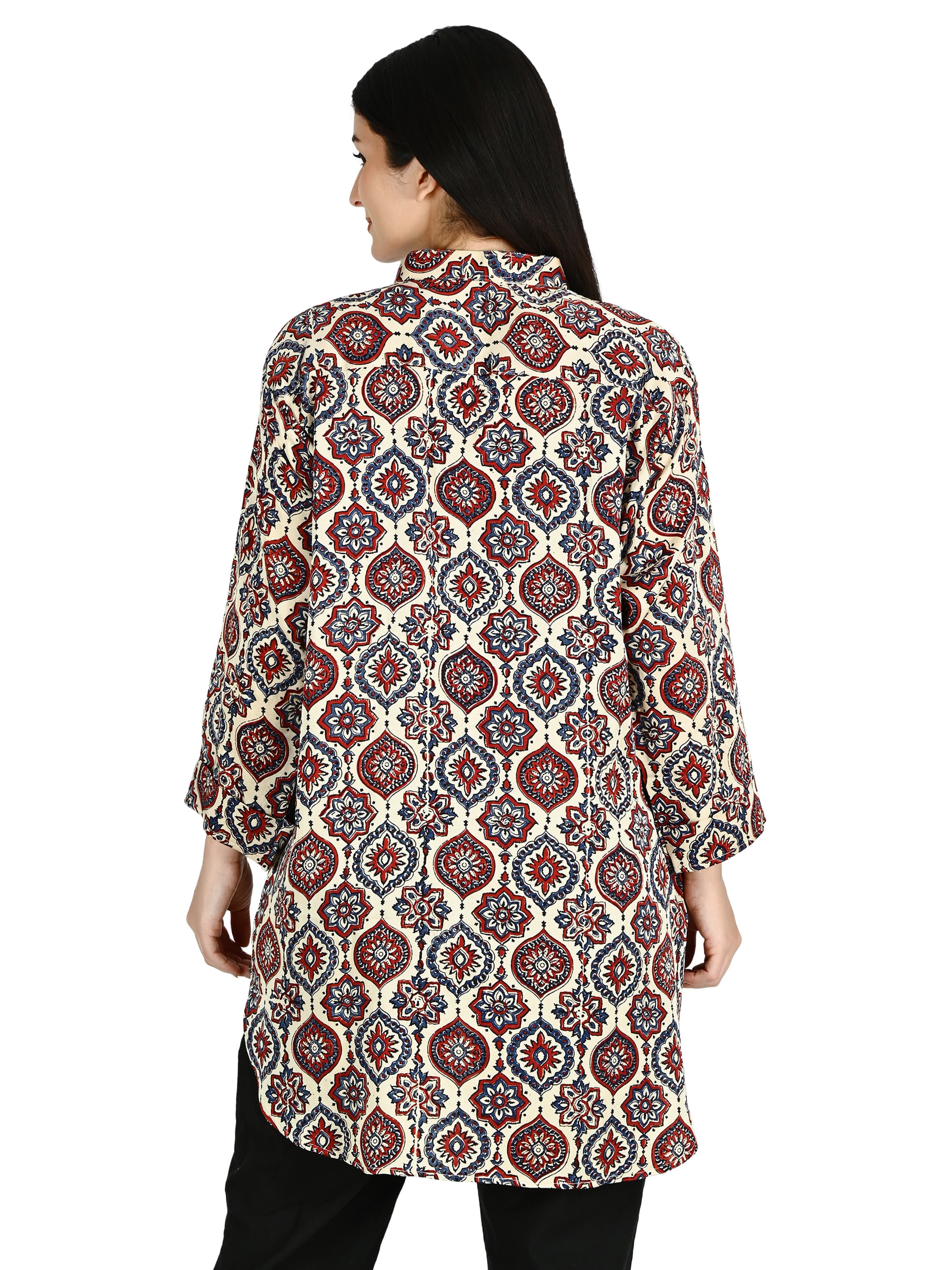 Cream & Red Ajrakh Mandarin Tunic 3