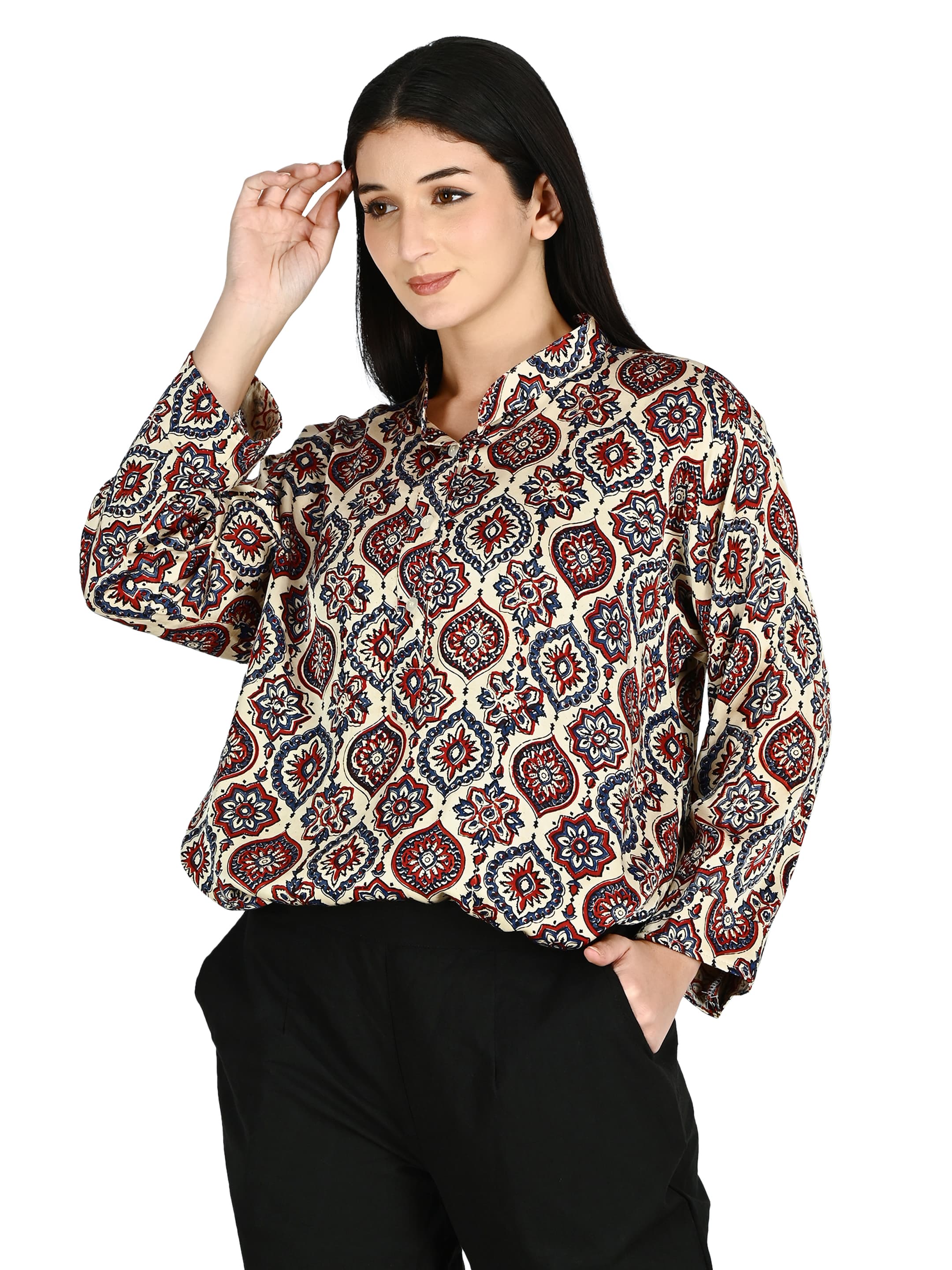 Cream & Red Ajrakh Mandarin Tunic 5