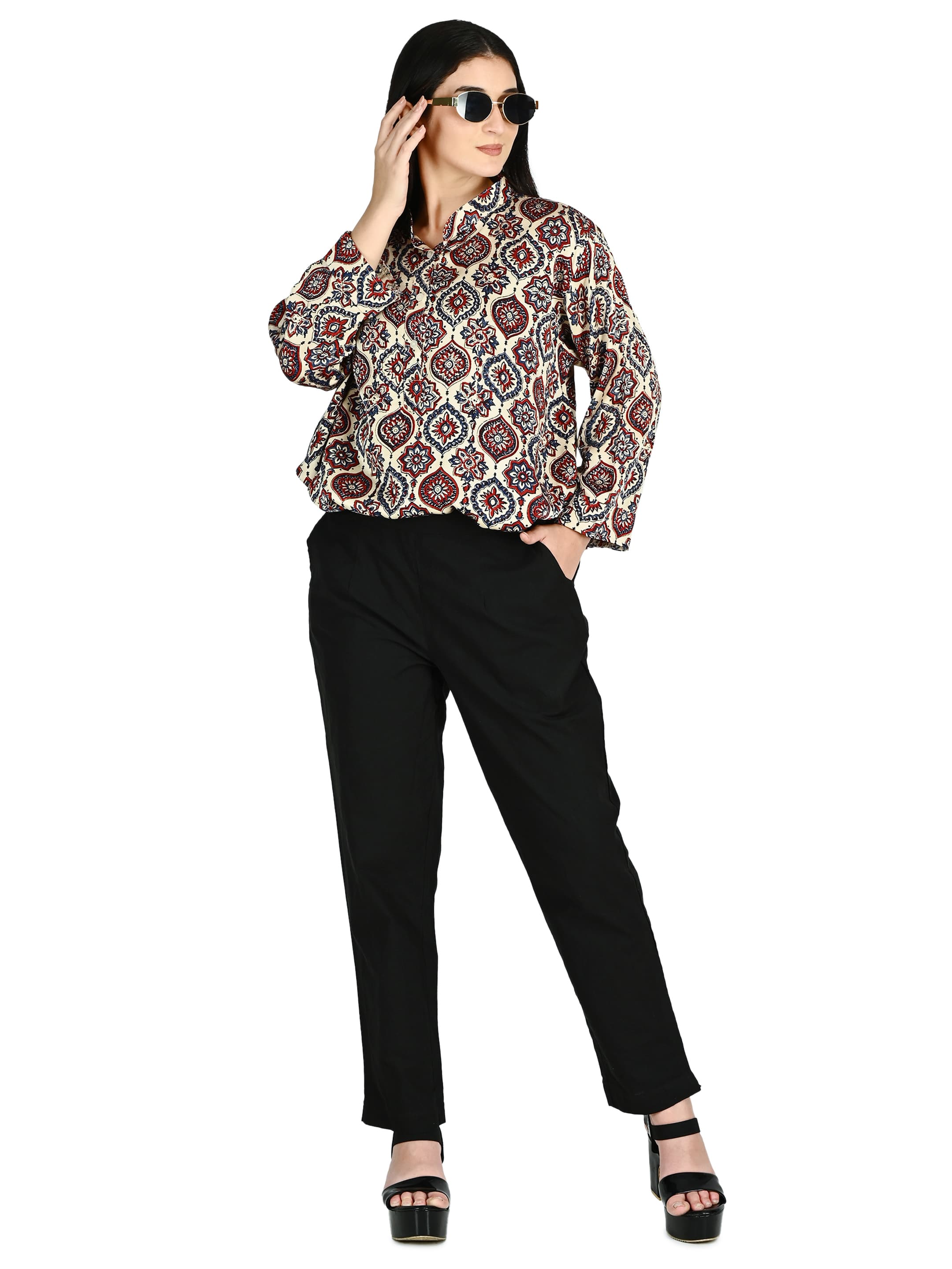 Cream & Red Ajrakh Mandarin Tunic 6
