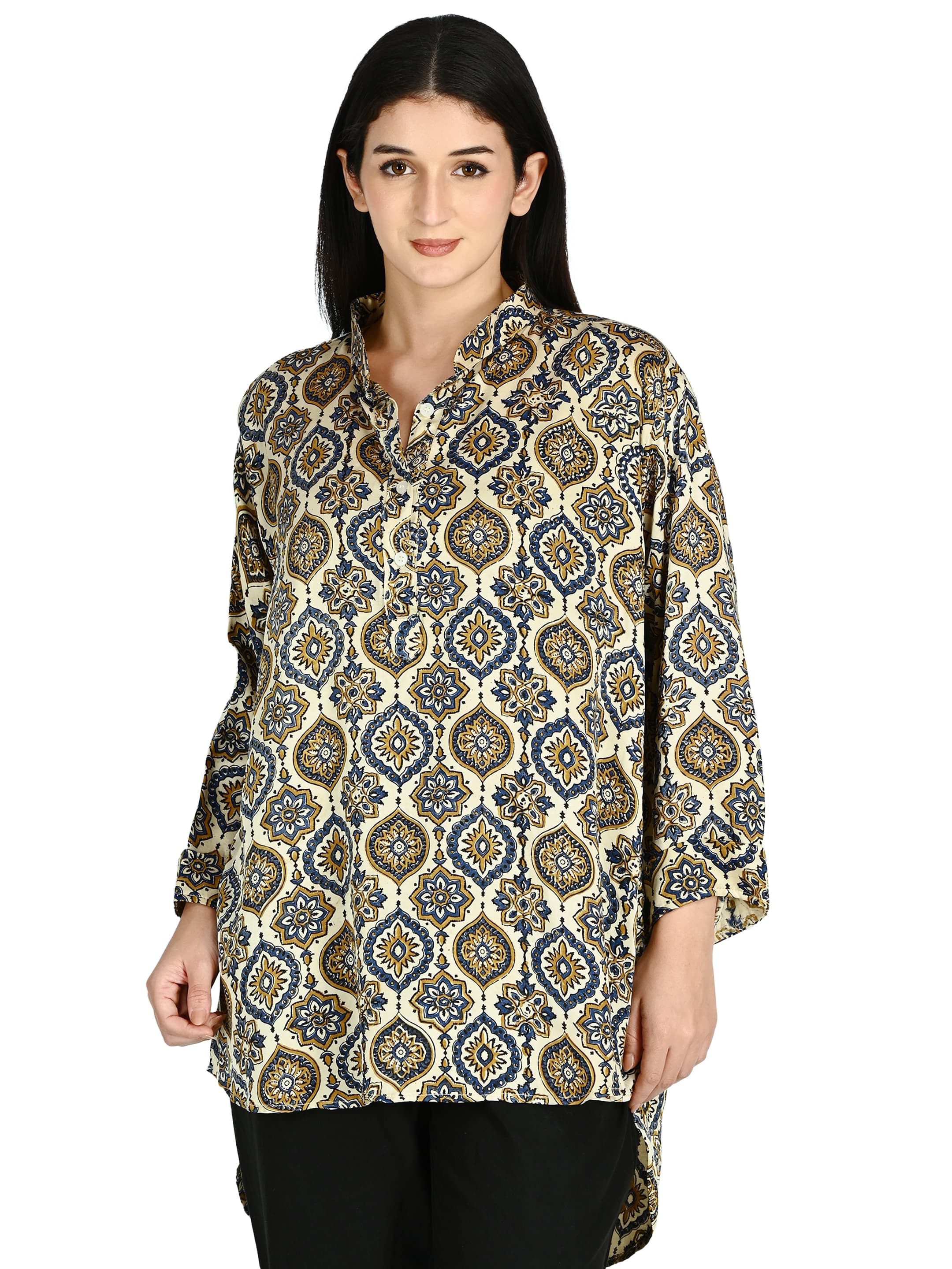 Cream Ajrakh Ogee Mandarin Tunic