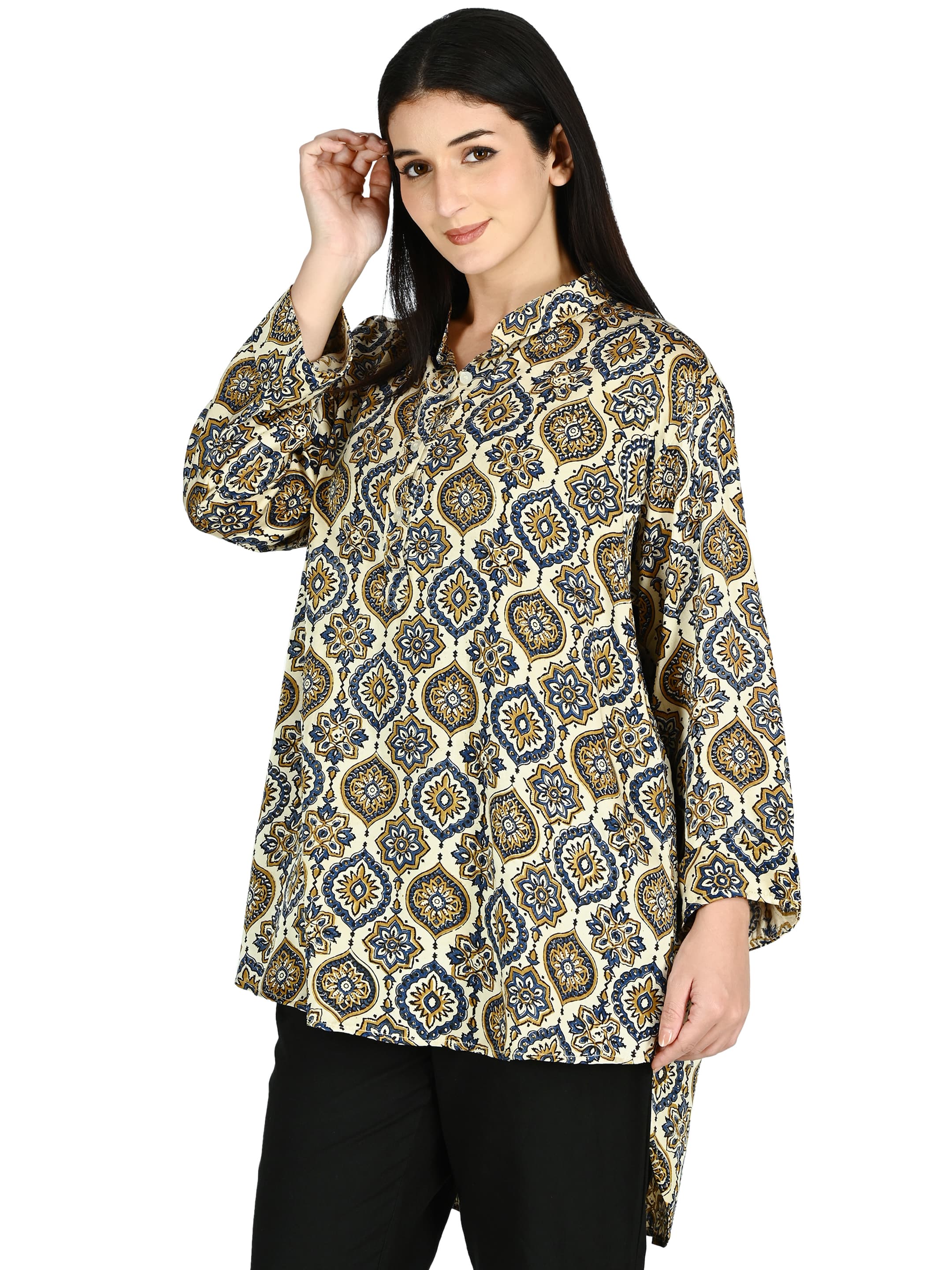 Cream Ajrakh Ogee Mandarin Tunic 2