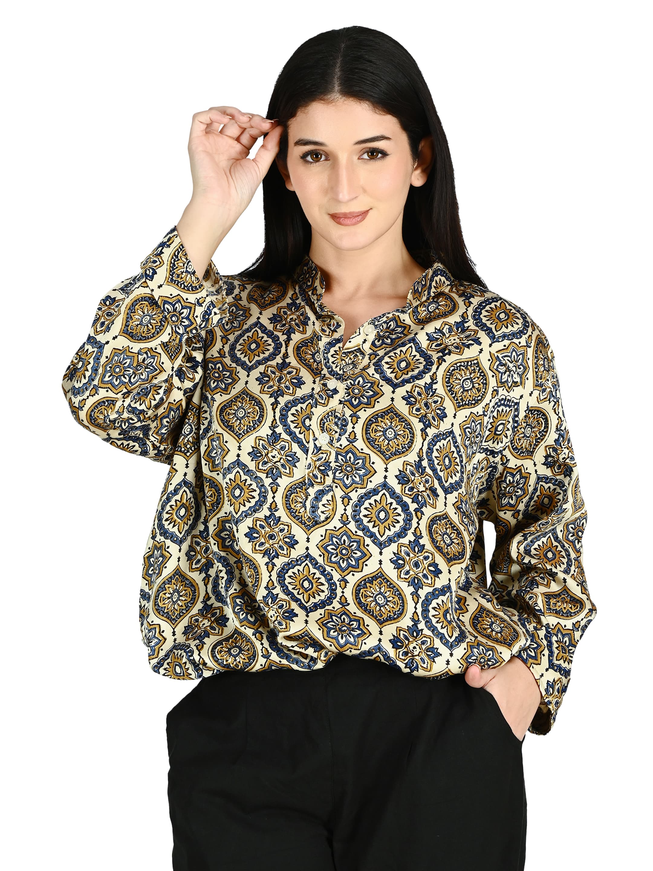 Cream Ajrakh Ogee Mandarin Tunic 5