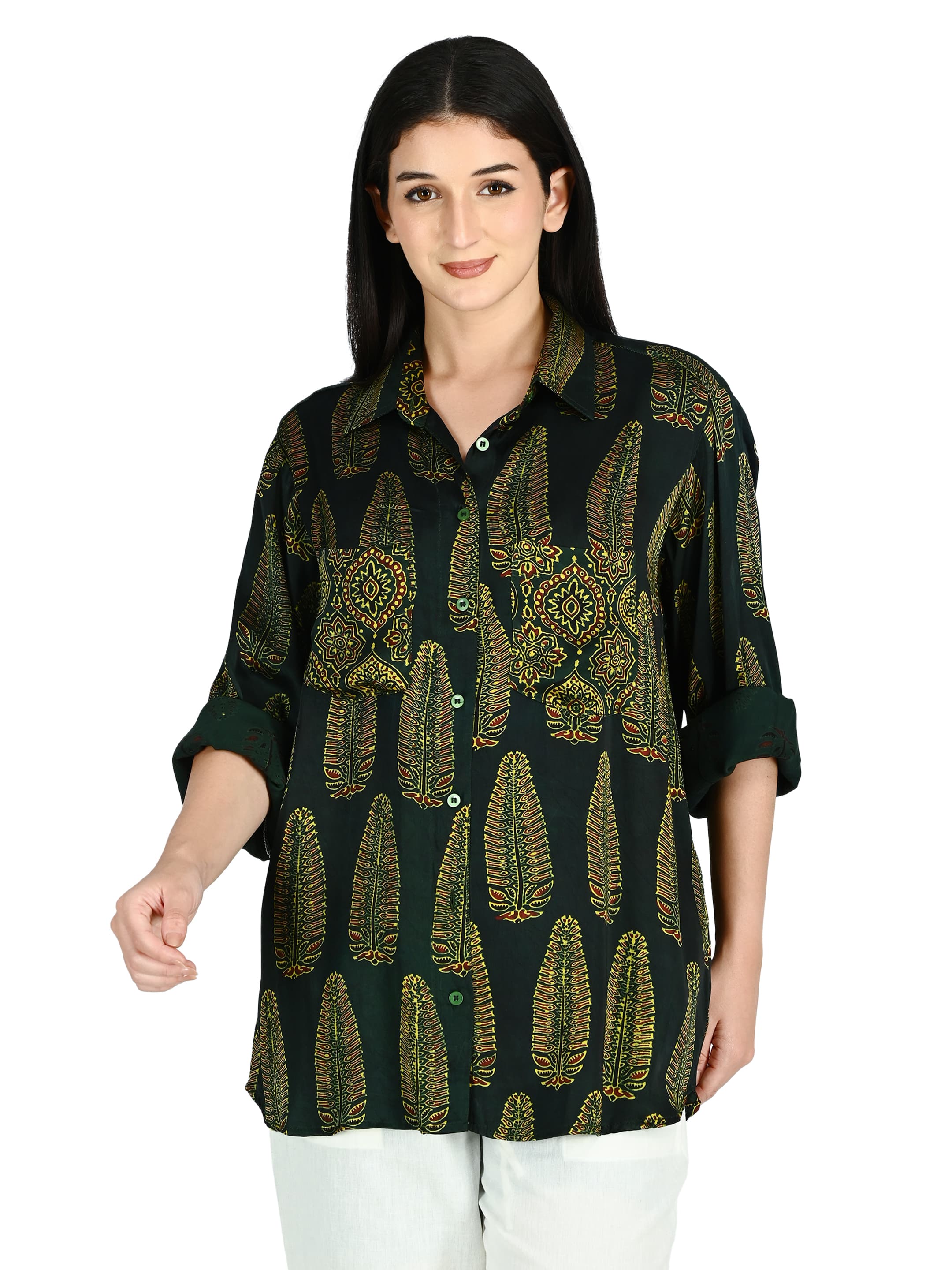 Forest Green Leaf Print Tunic