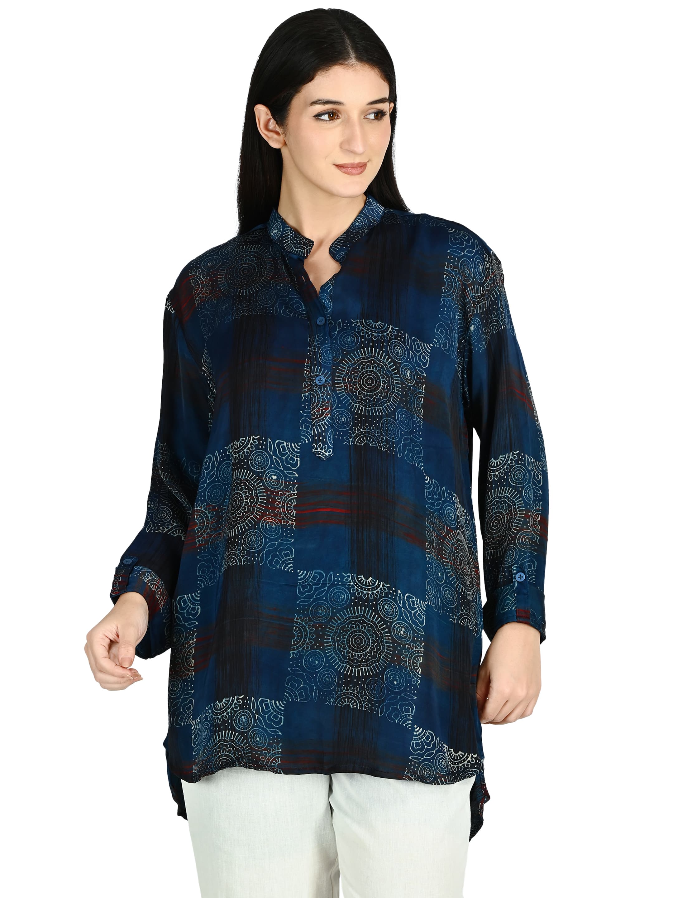 Navy Bandhani Mandarin Tunic