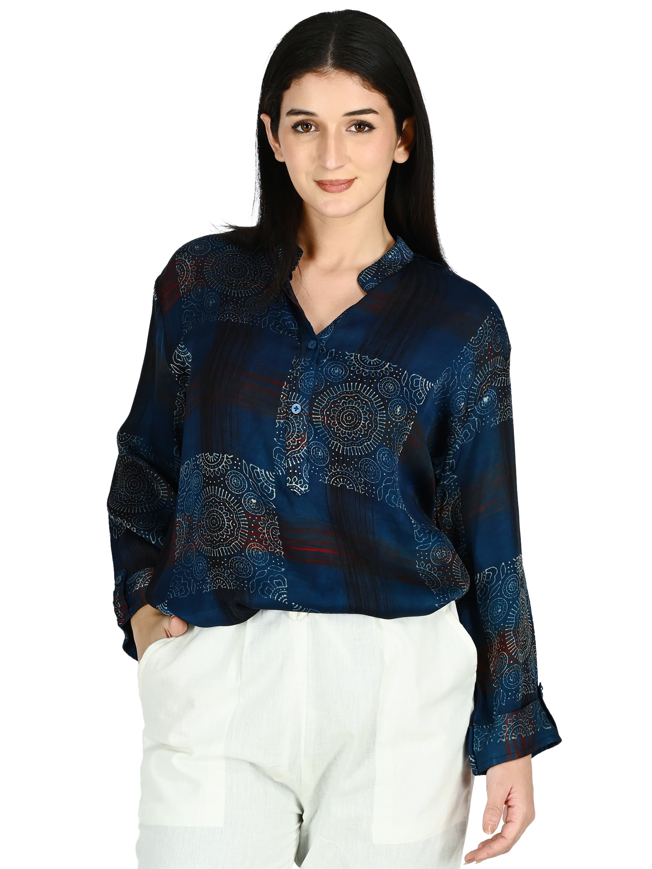 Navy Bandhani Mandarin Tunic 5