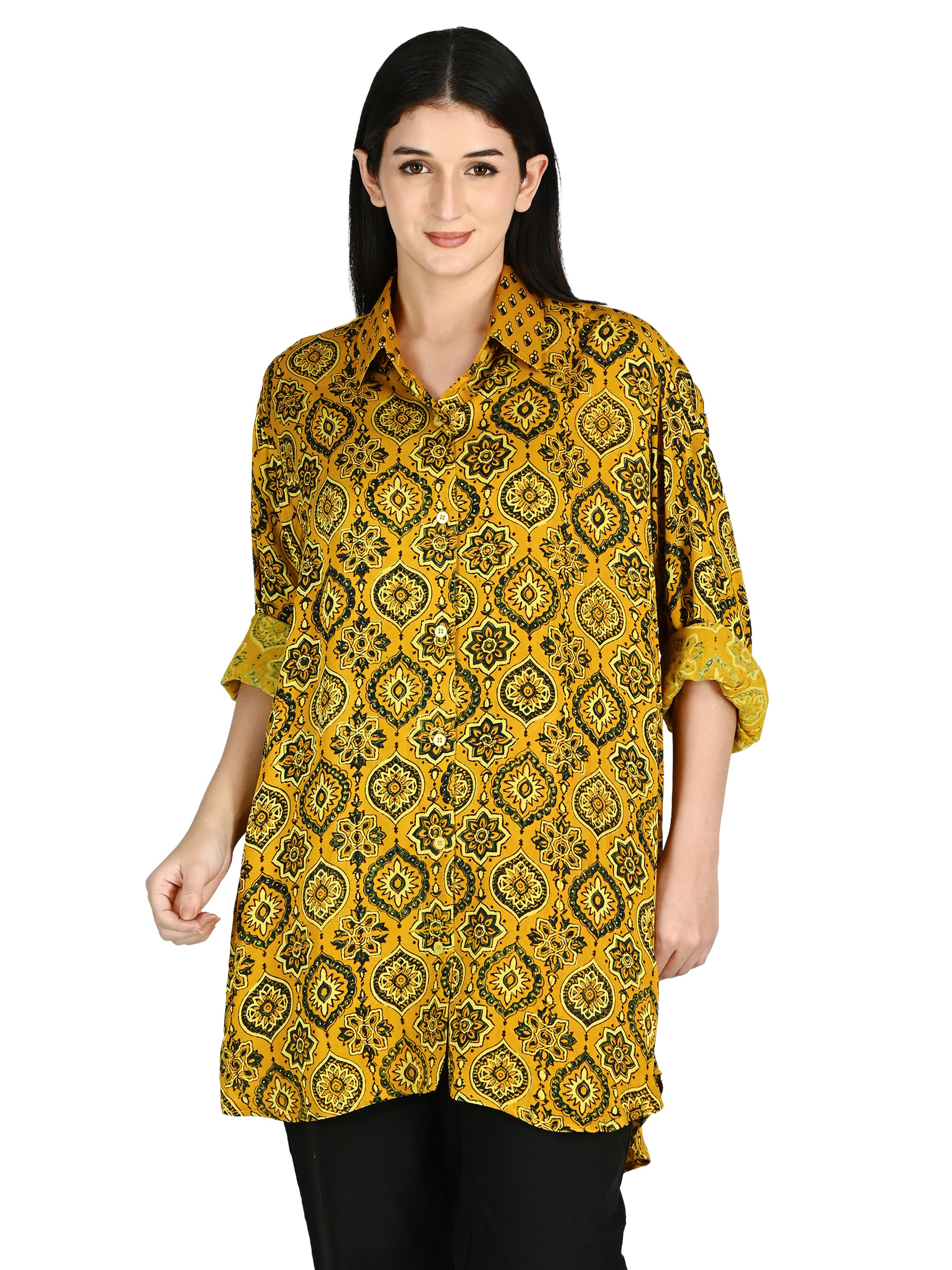 Mustard Ajrakh Ogee Shirt Tunic