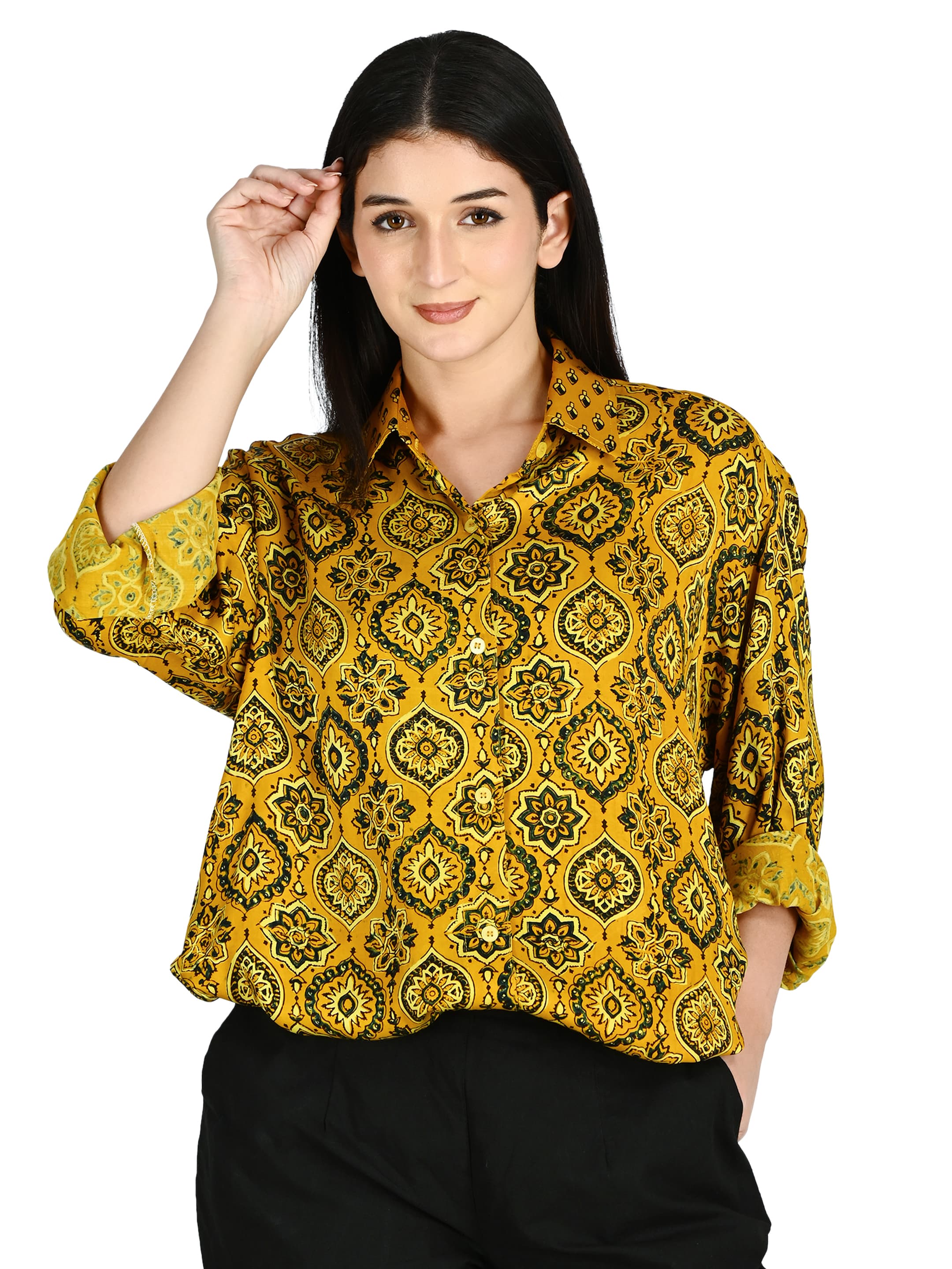 Mustard Ajrakh Ogee Shirt Tunic 5