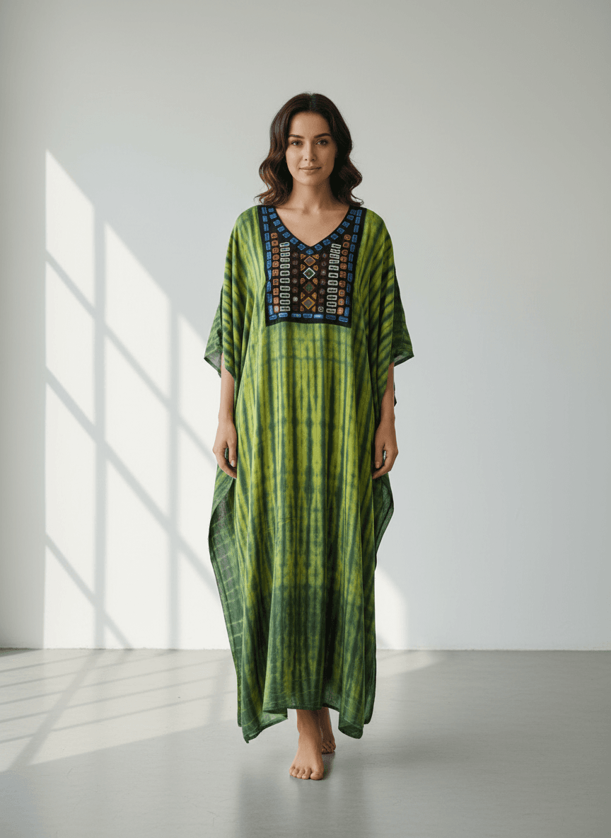 Handcrafted Shibori Kaftan with Mirror Work