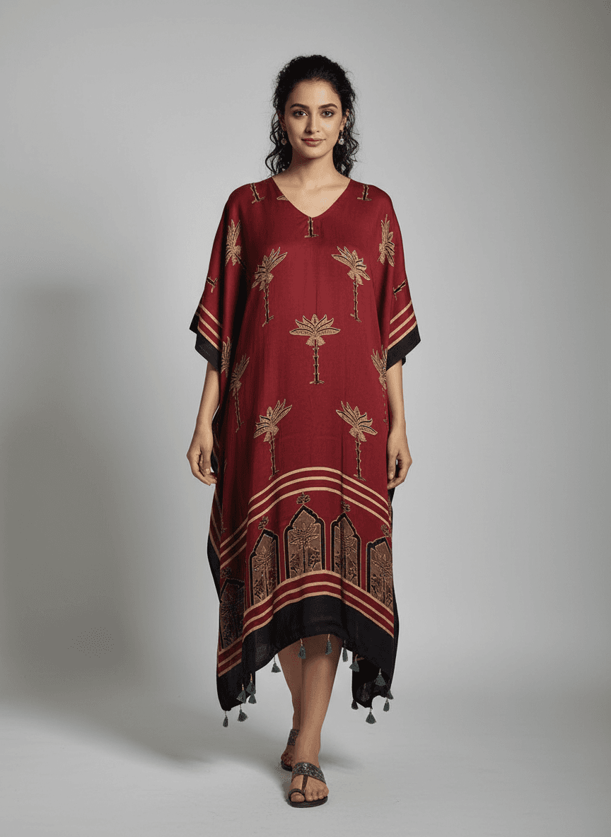 Ajrak Handblock Kaftan with Lotus Motifs & Tassels