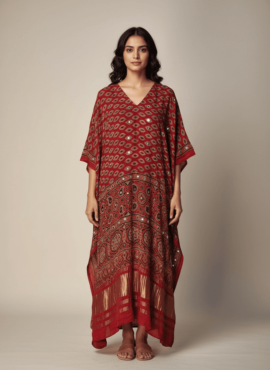 Shibori and ajrak hand crafted modal silk kaftan