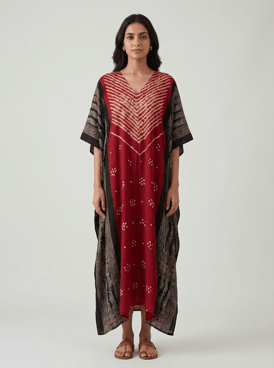 Handcrafted Modal Silk Kaftan with Shibori, Bandhej & Ajrak Handblock Art