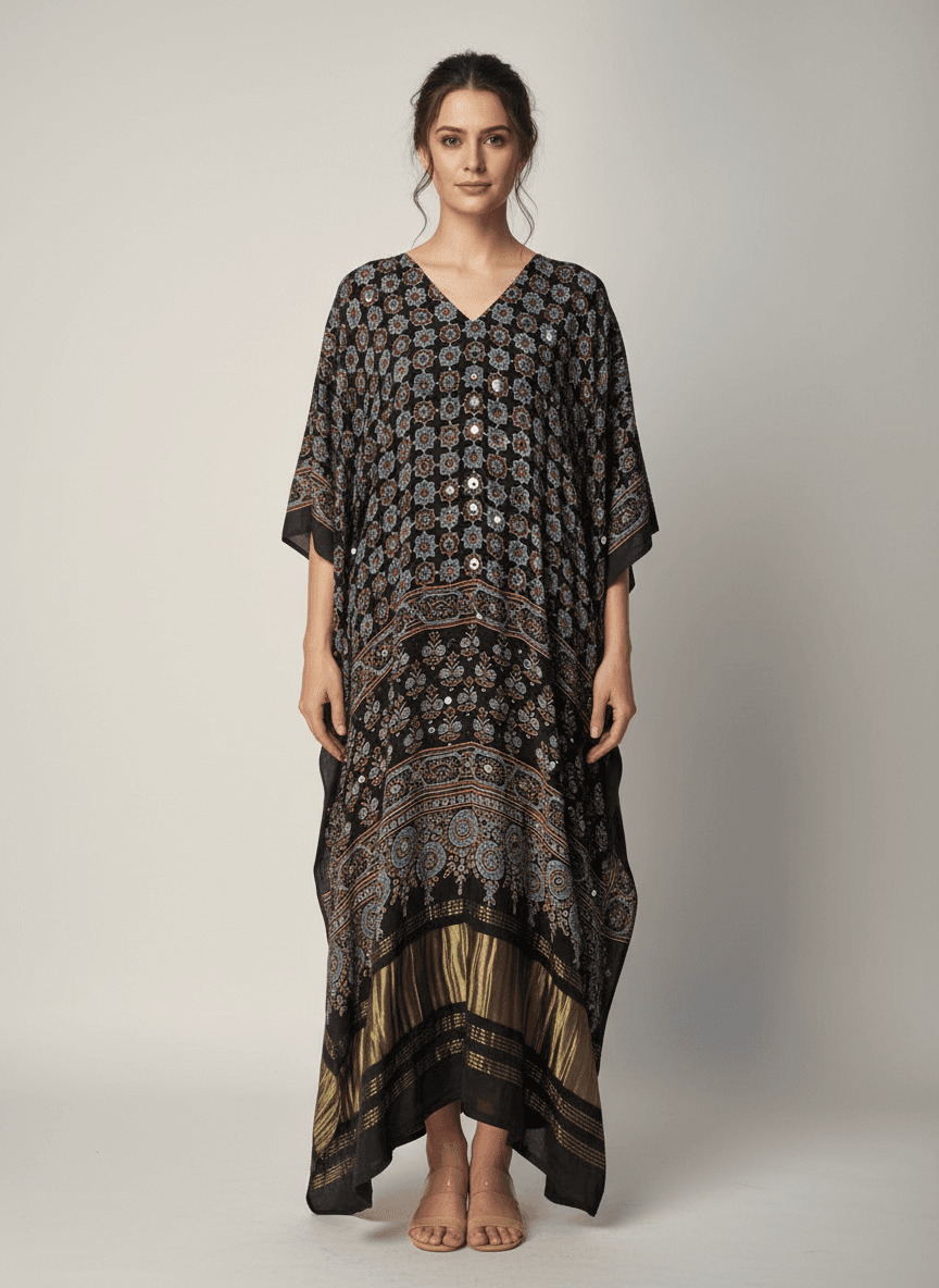 Ajrak modal silk kaftan with mirror work