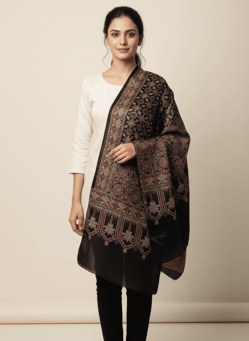 Mushroo Silk Handblock Ajrak Stole