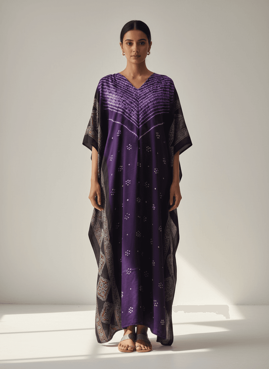 Handcrafted Modal Silk Kaftan with Shibori, Bandhej & Ajrak Handblock Art
